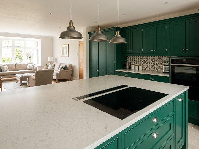 Cuisine neuve avec îlot central installée dans une maison à Caluire