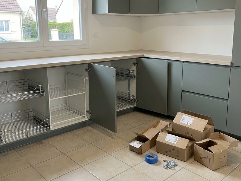 Réagencement des rangements d'une cuisine de maison de lotissement à Meyzieu sans travaux de maçonnerie