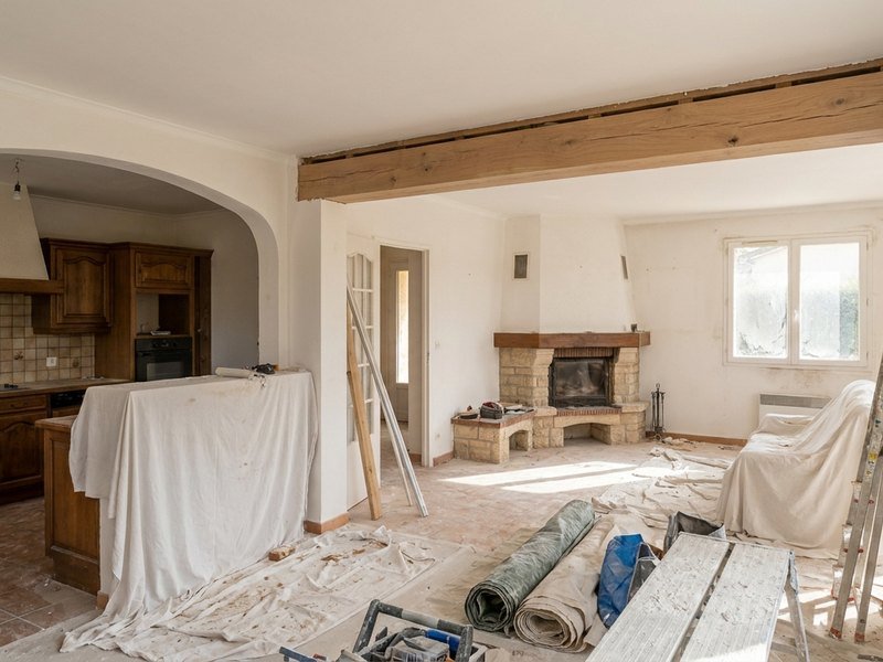 Cuisine ouverte sur le séjour après dépose du mur dans un pavillon de lotissement à Saint-Priest