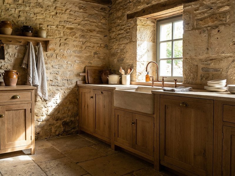 Cuisine sur mesure posée dans une maison du centre ancien de Saint-Priest aux murs irréguliers