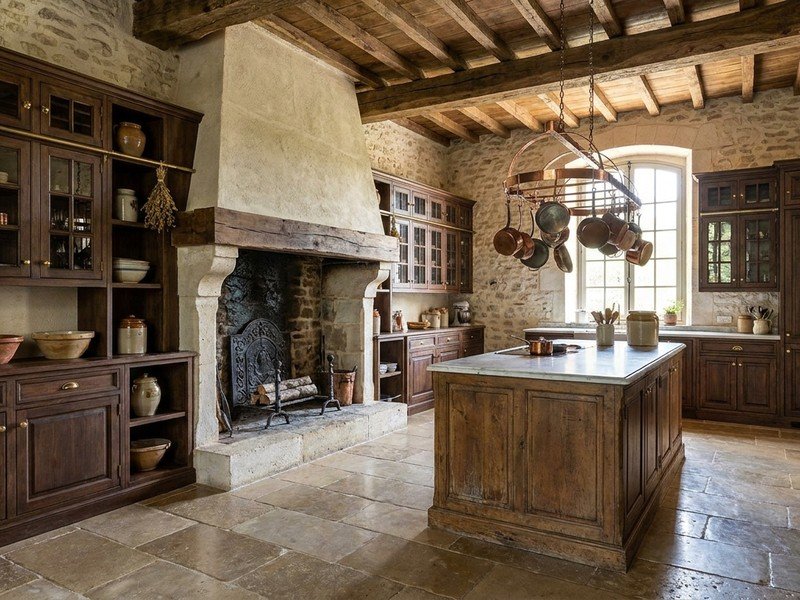 Cuisine sur mesure posée dans une villa meulière ancienne de Tassin, colonnes montant vers la grande hauteur sous plafond, cheminée d'origine conservée en point focal