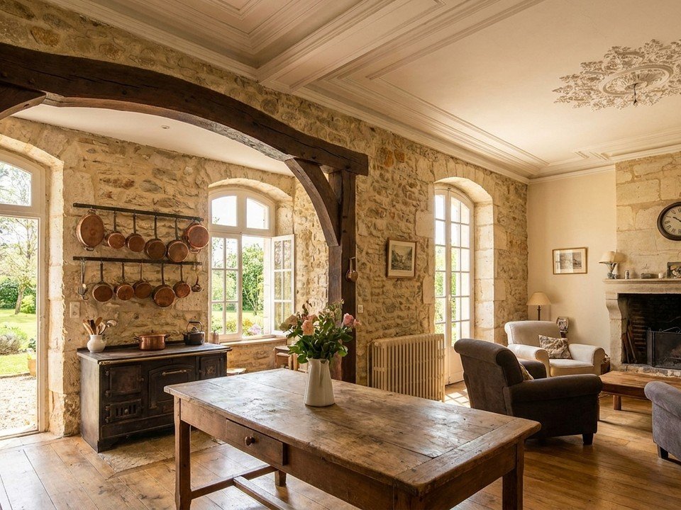 Cuisine d'une maison de caractère ancienne en pierre meulière à Tassin, ancienne cuisine fermée ouverte sur le séjour, moulures et grande hauteur sous plafond conservées, cheminée d'origine préservée