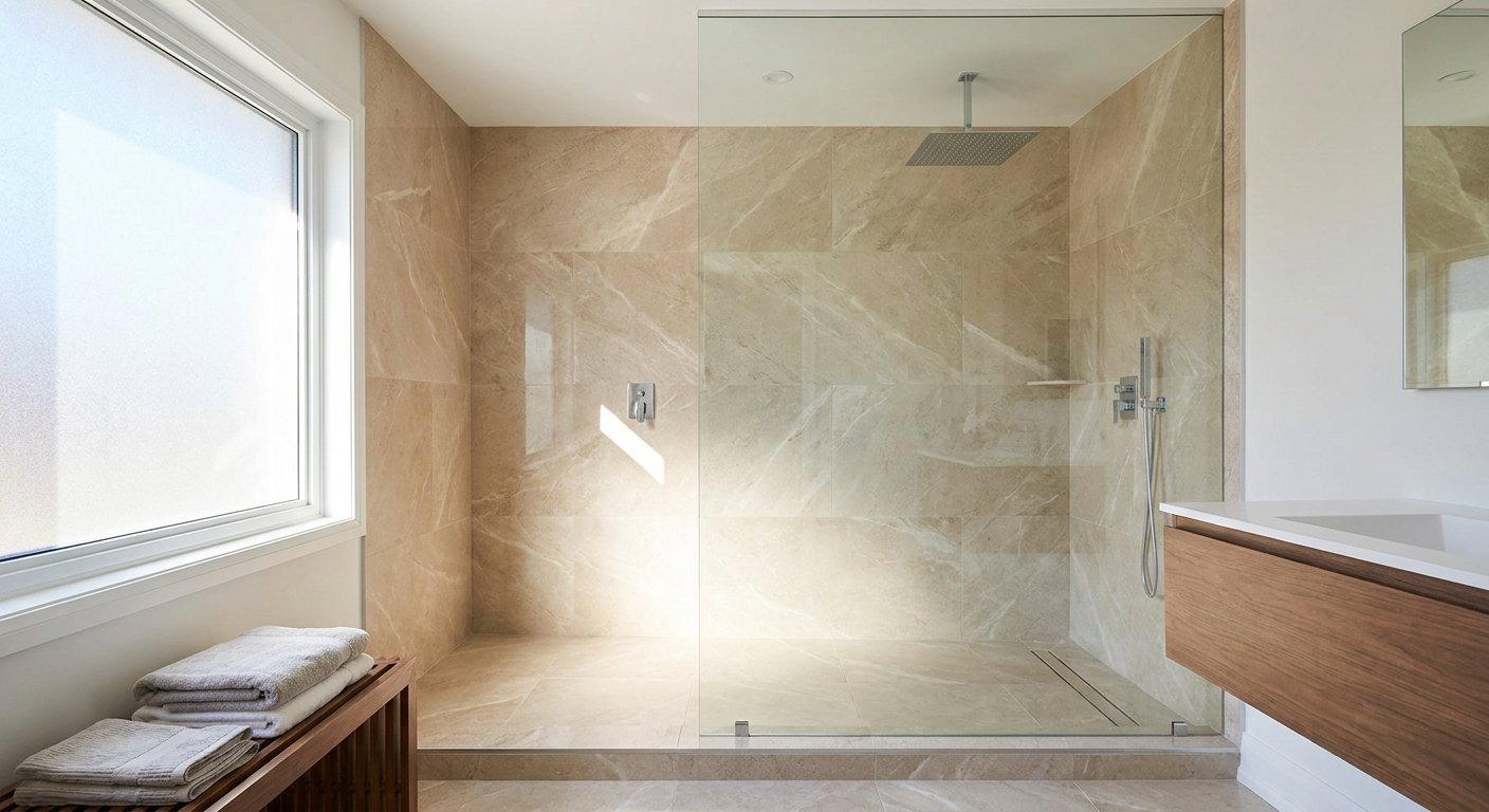 Douche à l'italienne carrelée de plain-pied posée dans une salle de bain à Lyon