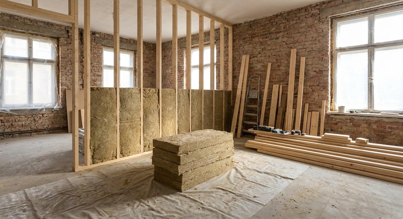 Travaux d'isolation intérieure lors d'une rénovation énergétique à Villeurbanne pour améliorer le DPE d'un immeuble en brique