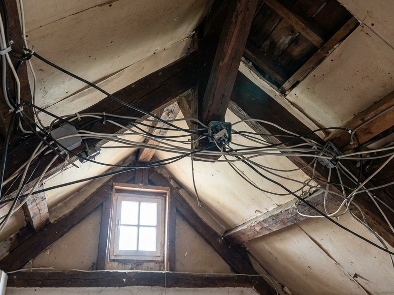 Circuits électriques ajoutés au fil des années dans des combles aménagés à Bron