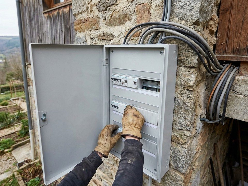 Électricien reprenant le tableau électrique d'une maison de coteau à niveaux décalés à Caluire-et-Cuire, circuits desservant les demi-niveaux