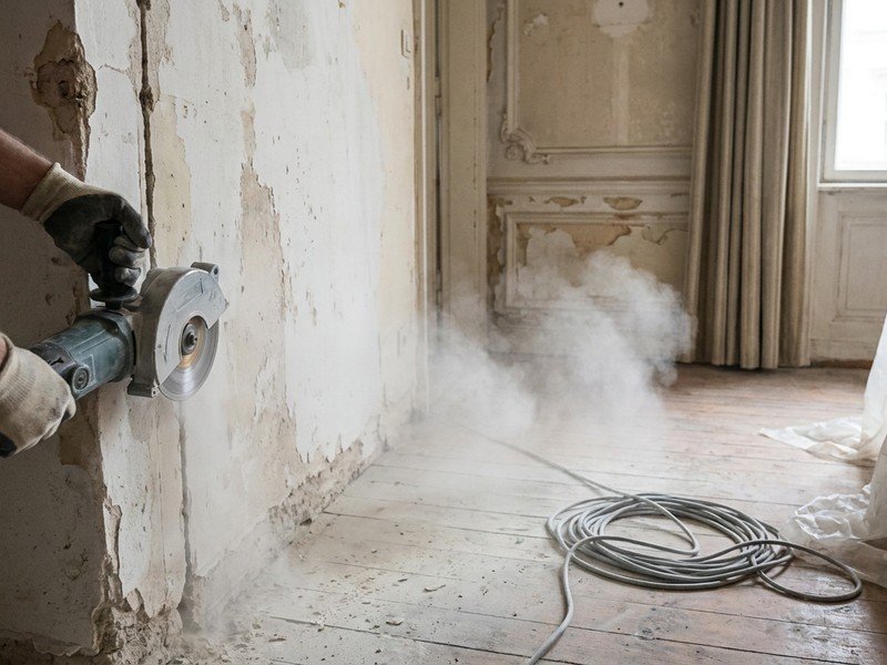 Passage de circuits électriques dans une cloison en plâtre ancien d'un appartement bourgeois de la Préfecture à Lyon 3