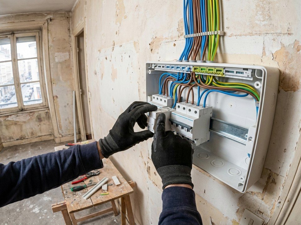 Électricien reprenant un tableau électrique vétuste sans terre dans un appartement ancien de la Guillotière à Lyon 7e