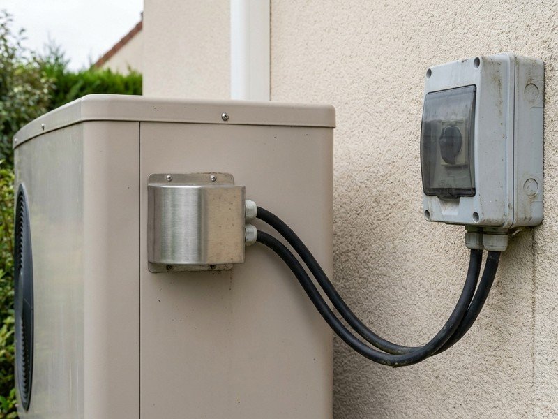 Raccordement électrique de l'unité extérieure d'une pompe à chaleur sur un pavillon récent de Meyzieu