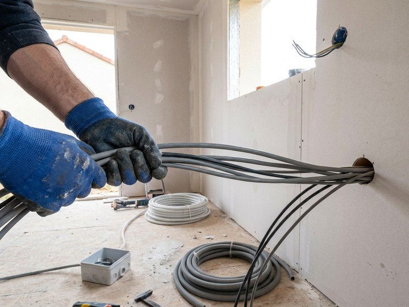 Nouveaux circuits électriques tirés pour une extension de maison dans un lotissement récent de Meyzieu