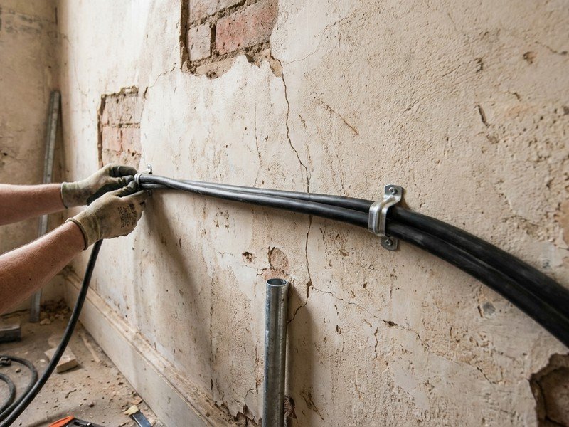 Passage de circuits électriques le long d'un mur de refend en pierre dans une maison ancienne d'Oullins