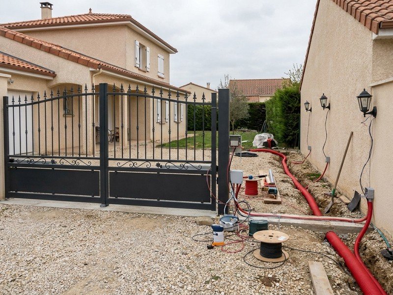 Portail motorisé et éclairage extérieur raccordés le long de l'allée d'un pavillon à Saint-Priest, câble en tranchée