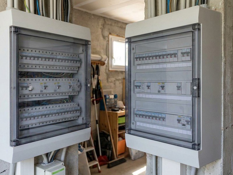 Deux coffrets électriques centralisant la maison et les dépendances d'un pavillon à Saint-Priest