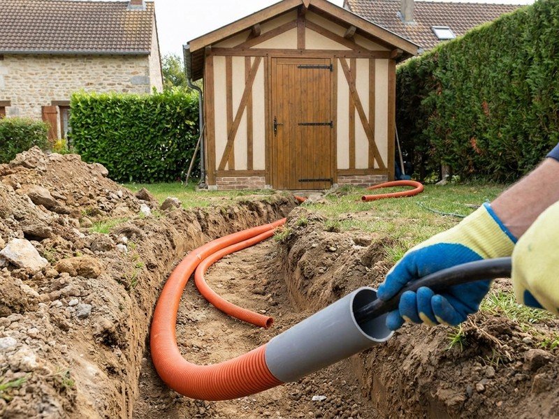 Circuit dédié tiré en tranchée pour alimenter un atelier au fond du jardin d'une maison à Saint-Priest