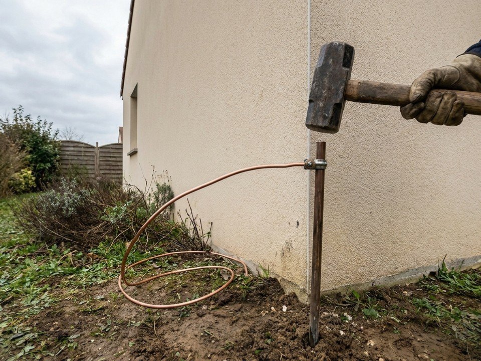 Électricien plantant le piquet de prise de terre dans le jardin d'un pavillon de plain-pied à Saint-Priest
