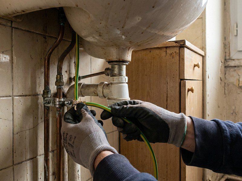 Liaison équipotentielle reprise dans la salle de bain d'un logement ancien de Vénissieux