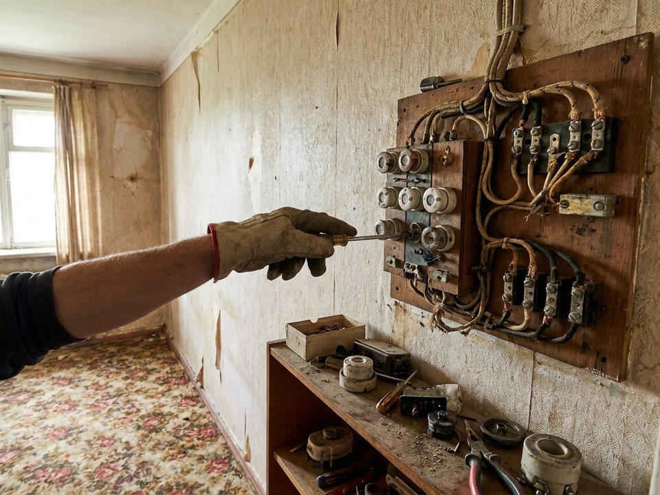 Ancien tableau à fusibles dangereux d'un appartement des Minguettes à Vénissieux, mis en sécurité en priorité