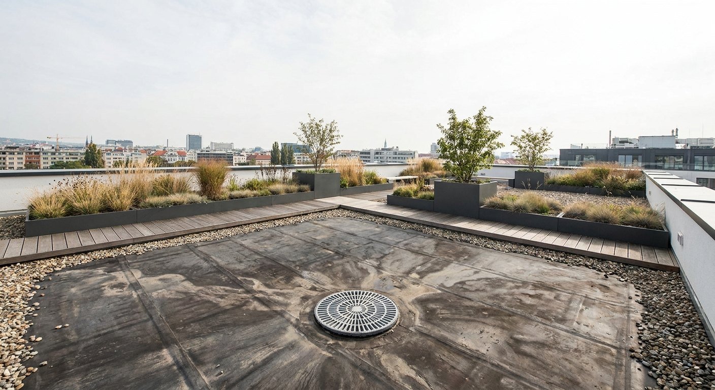 Étancheur posant une membrane d'étanchéité sur un toit-terrasse plat à Lyon