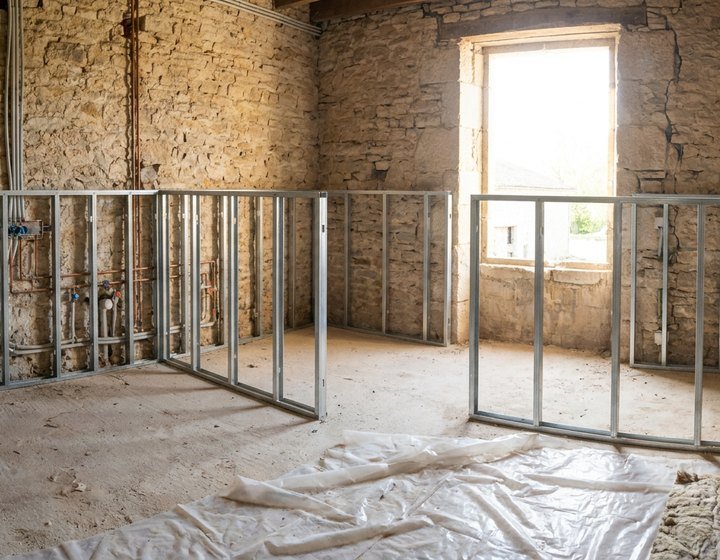 Maison en rénovation à Lyon, gros œuvre terminé et cloisons en cours de montage sur des réseaux apparents