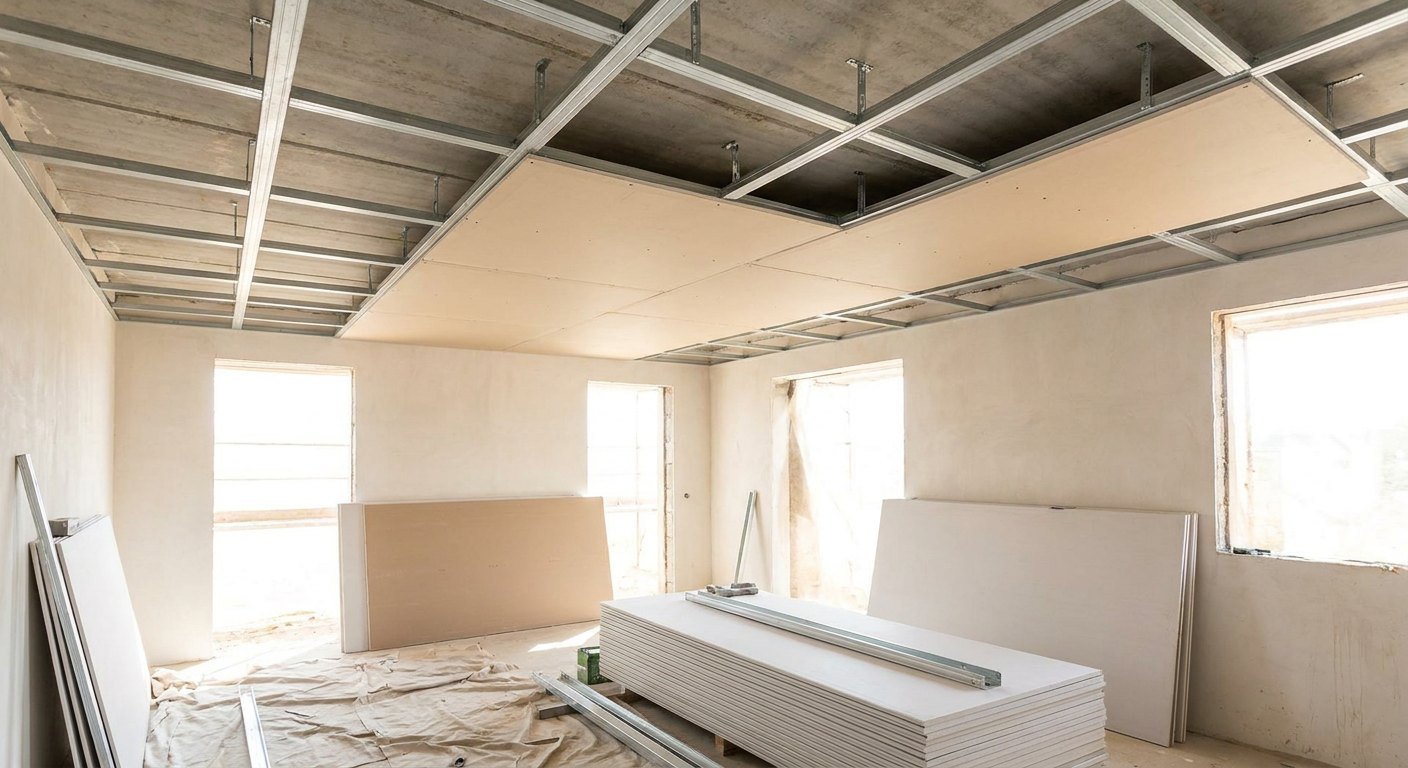 Faux plafond en placo BA13 lisse posé dans un séjour à Lyon