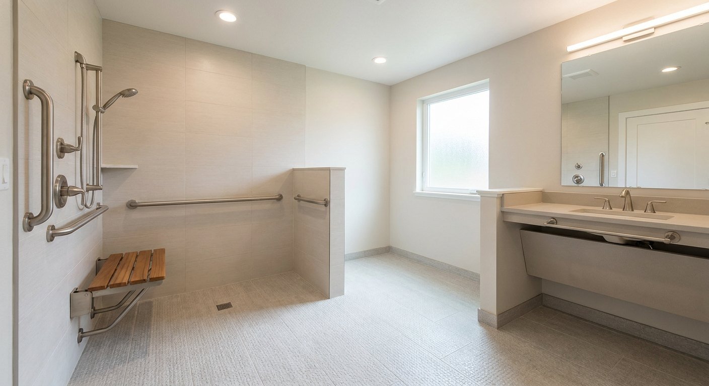 Douche de plain-pied sécurisée avec barre d'appui dans un logement adapté à Lyon
