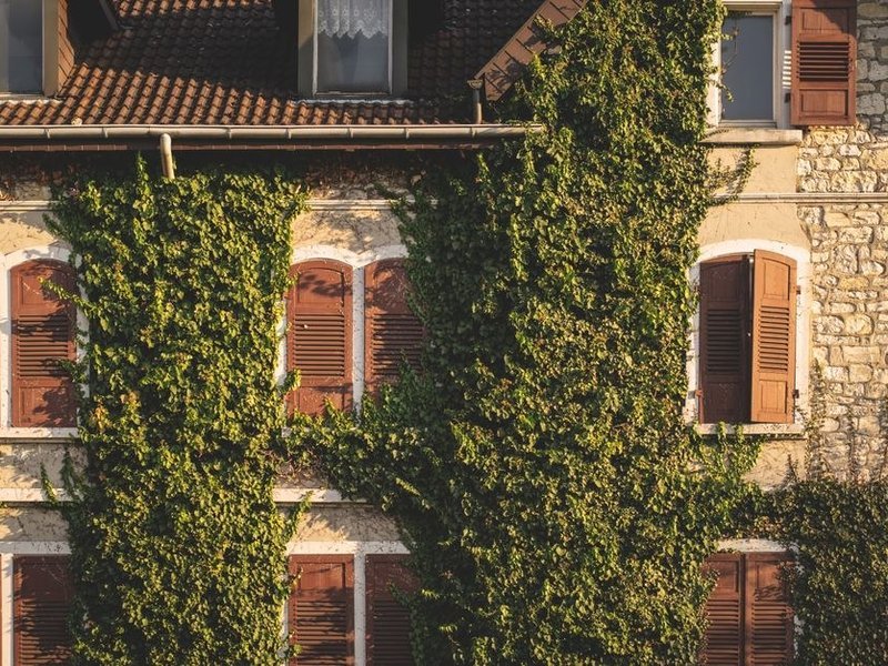 Haute fenêtre à petits bois et volets bois persiennés d'une demeure ancienne de Brindas, refaite au plus près de l'ancien avec double vitrage discret