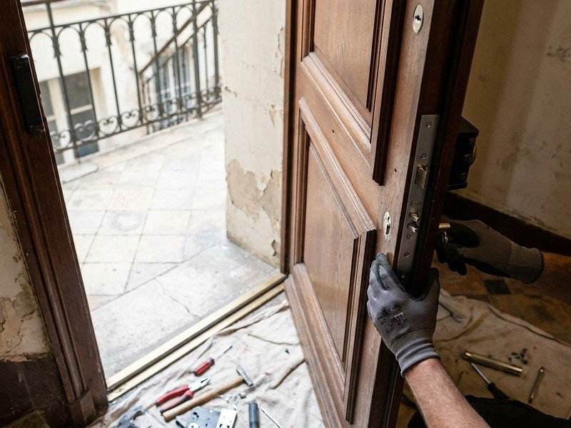 Pose d'une porte palière blindée à serrure multipoints sur le palier d'un immeuble ancien de Jean Macé à Lyon 7e