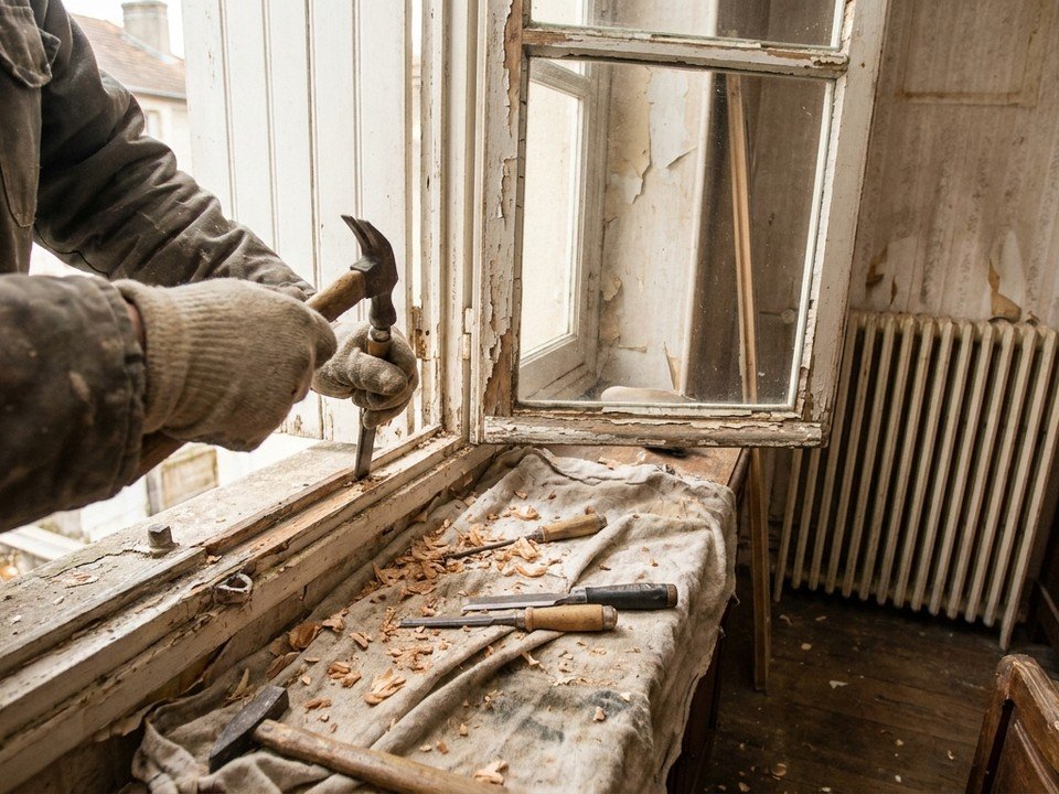 Menuisier remettant en état une vieille fenêtre bois qui ferme mal dans un appartement locatif d'immeuble ancien de la Guillotière à Lyon 7e
