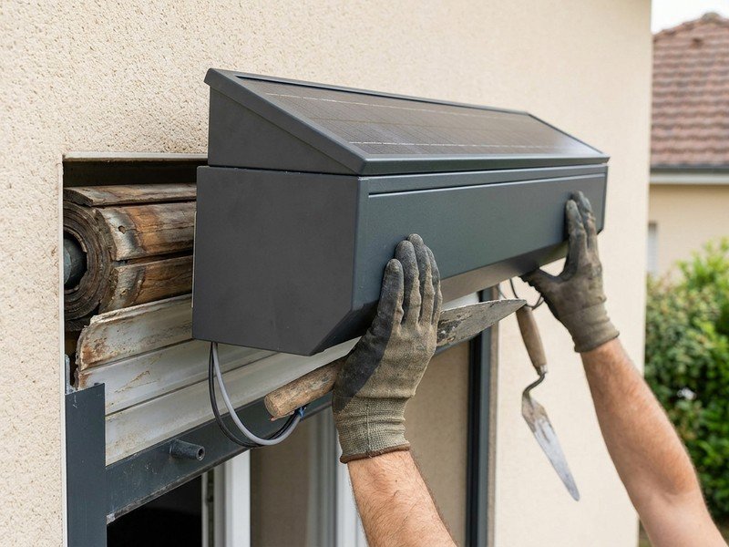Remplacement d'un vieux volet roulant par un volet roulant solaire connecté sur une fenêtre de maison à Meyzieu