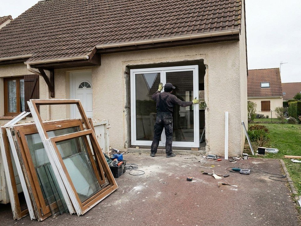 Menuisier remplaçant une ancienne fenêtre PVC des années 90 par une fenêtre PVC neuve à double vitrage sur une maison de lotissement récente à Meyzieu