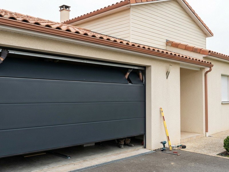 Pose d'une porte de garage sectionnelle motorisée à refoulement au plafond sur un pavillon de Saint-Priest