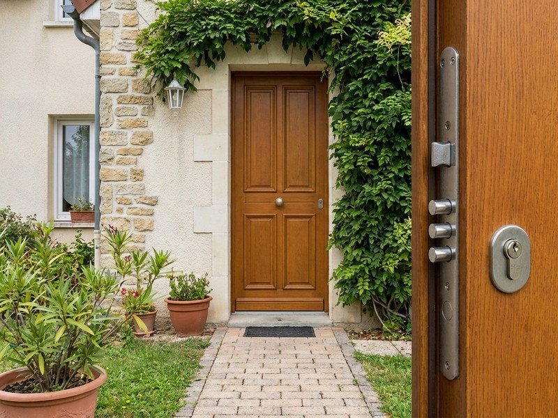 Porte d'entrée sécurisée à serrure multipoints installée sur la façade d'une maison individuelle à Saint-Priest