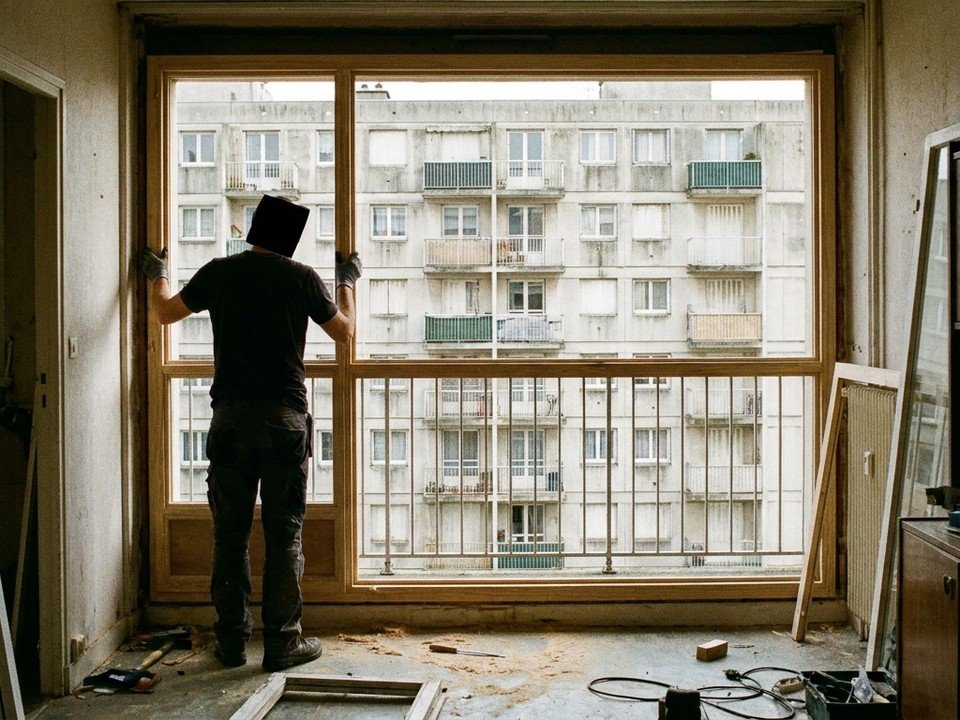 Menuisier posant une fenêtre neuve à l'aspect harmonisé de la façade dans un appartement de grand ensemble des Minguettes à Vénissieux