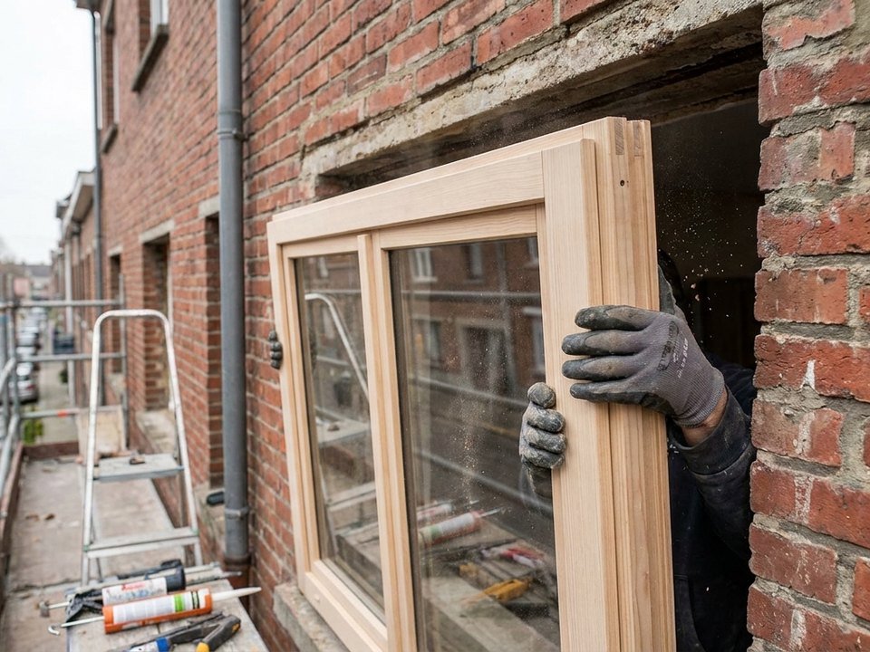Menuisier posant une fenêtre sur mesure dans un appartement d'un immeuble en brique des années 30 à Villeurbanne