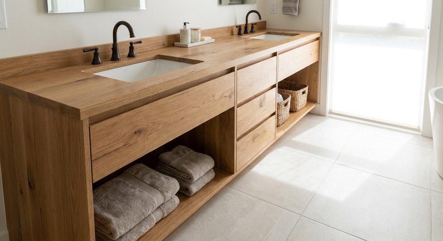 Meuble de salle de bain sur mesure à Lyon : double vasque, plan bois et rangements intégrés