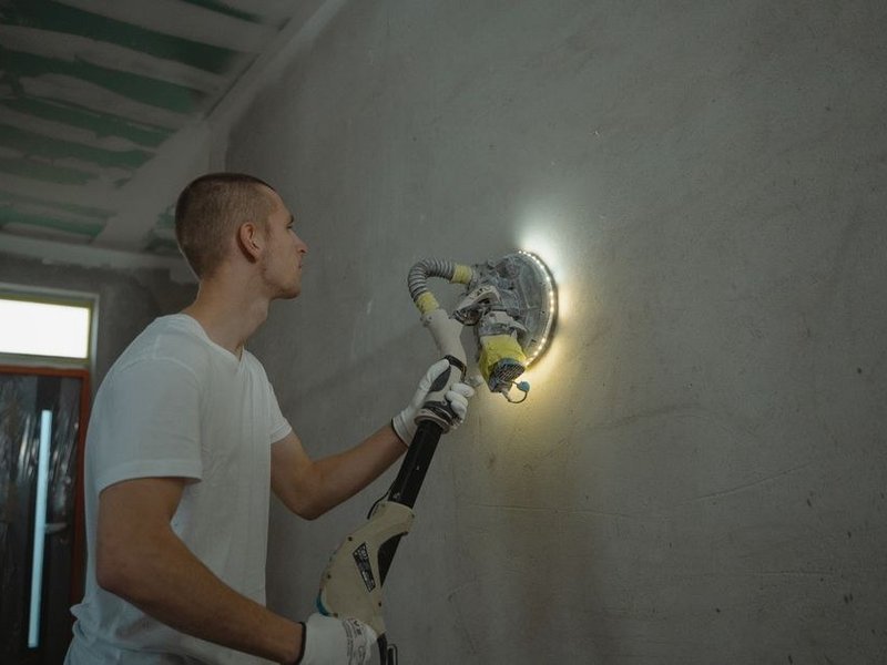 Préparation d'un mur ancien de maison de bourg à Dardilly, rebouchage et ponçage d'un support en pierre enduit au plâtre avant peinture