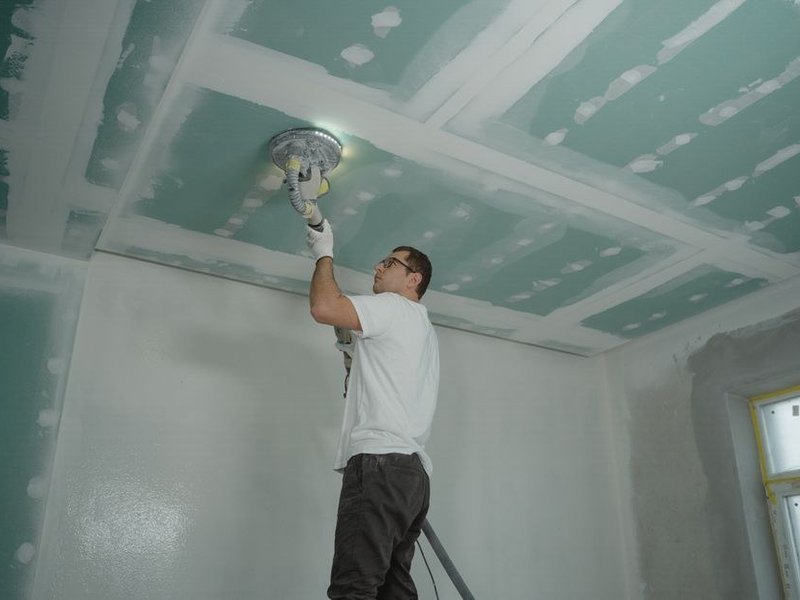 Reprise d'une fissure de plafond dans un pavillon de Dardilly, calfeutrement et ponçage avant sous-couche et peinture