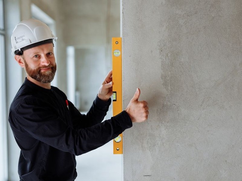 Mur plâtré d'une maison de ville ouvrière à Saint-Fons dressé et contrôlé de planéité avant remise en peinture en teinte claire