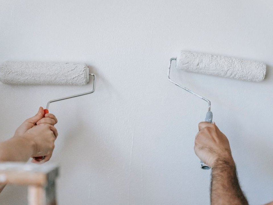 Artisan peintre appliquant au rouleau une finition claire nette sur le grand mur du séjour d'un appartement de copropriété de standing sur le plateau de Sainte-Foy-lès-Lyon, préparation soignée des supports