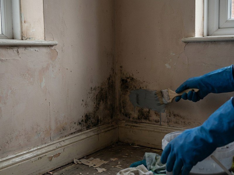 Reprise d'une trace d'humidité et de moisissure dans l'angle d'un mur froid avant remise en peinture, appartement de grand ensemble aux Minguettes à Vénissieux