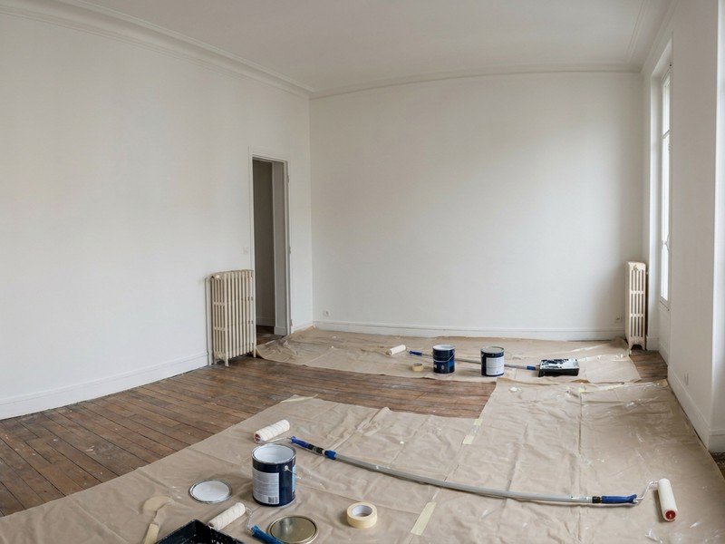 Remise en peinture locative d'un appartement de bailleur vidé entre deux locataires à Vénissieux, murs et plafond en blanc neutre, sols protégés