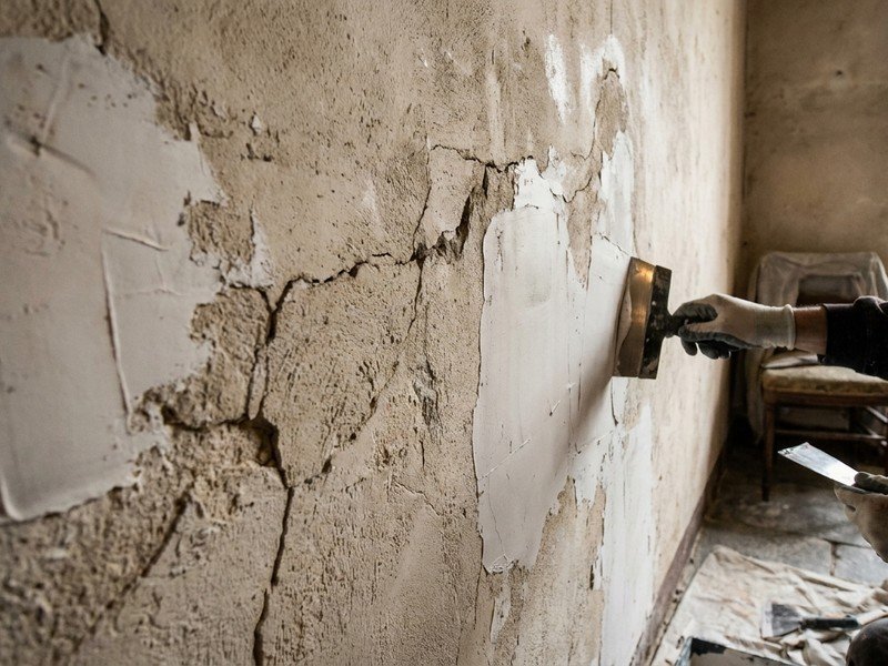 Ratissage d'un mur en plâtre fatigué d'un pavillon ouvrier ancien de Vénissieux, doublage préparé avant mise en peinture