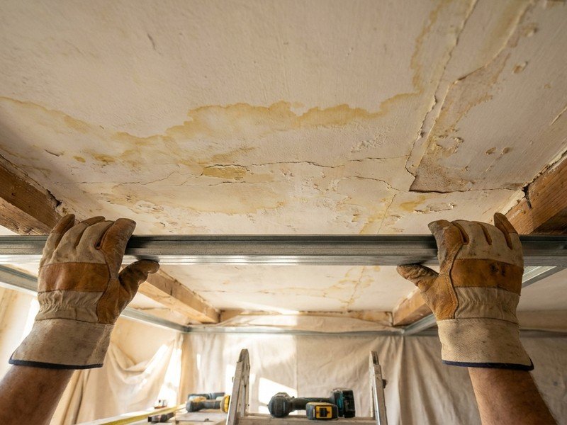 Reprise d'un plafond taché et fatigué d'un logement populaire de Vénissieux avant peinture, préparation d'un faux plafond