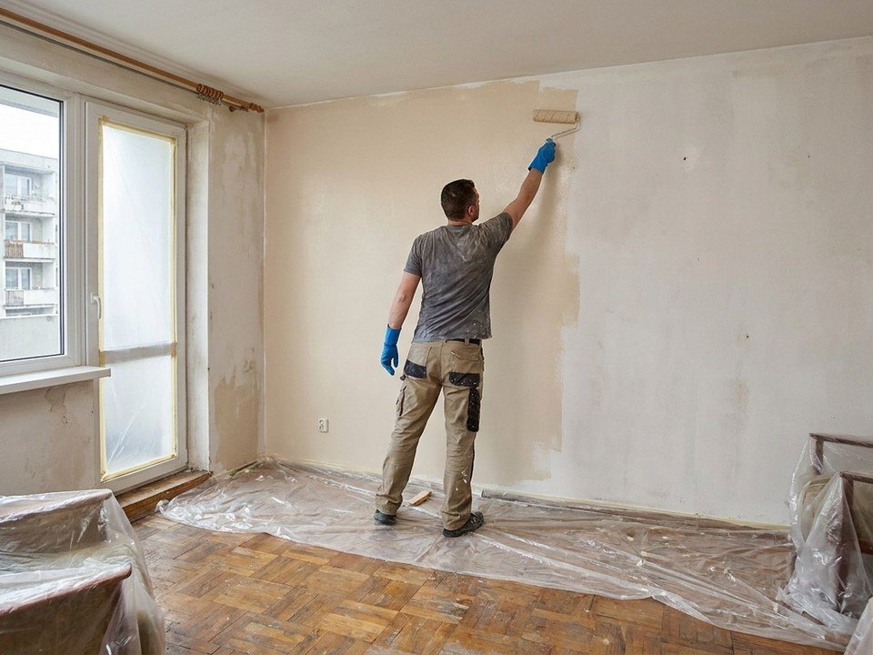 Peintre appliquant une teinte neutre claire au rouleau sur le mur d'un séjour d'appartement de grand ensemble aux Minguettes à Vénissieux, logement remis en peinture entre deux locataires