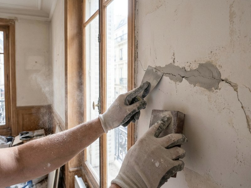 Reprise d'une fissure de retrait dans le plâtre ancien d'un appartement villeurbannais avant mise en peinture