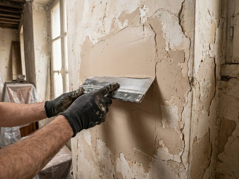 Ratissage complet d'un mur en plâtre trop abîmé pour être simplement rebouché dans un logement ancien de Villeurbanne