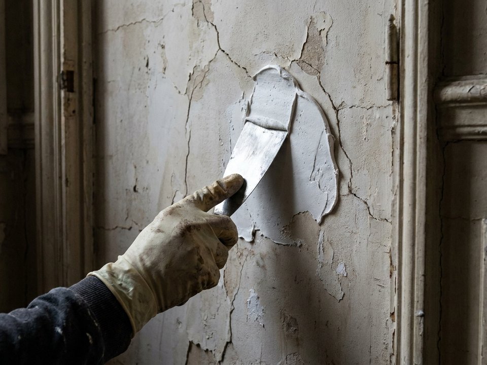Artisan peintre reprenant l'enduit d'un mur en plâtre ancien avant peinture dans un appartement des années 30 à Villeurbanne