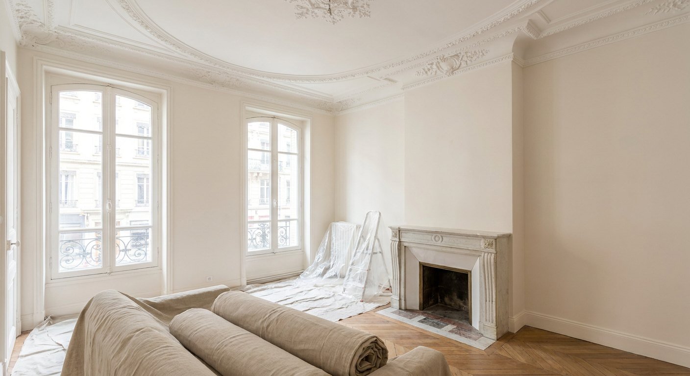 Salon d'un appartement haussmannien lyonnais avec moulures repeintes