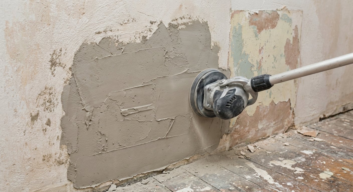 Mur au plâtre traditionnel préparé avant peinture dans un appartement ancien