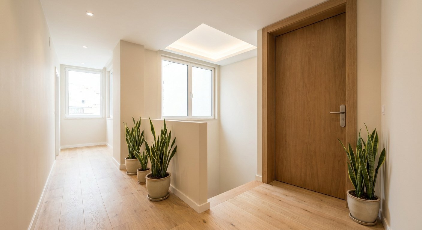 Cage d'escalier et palier d'immeuble protégés pendant un chantier de peinture